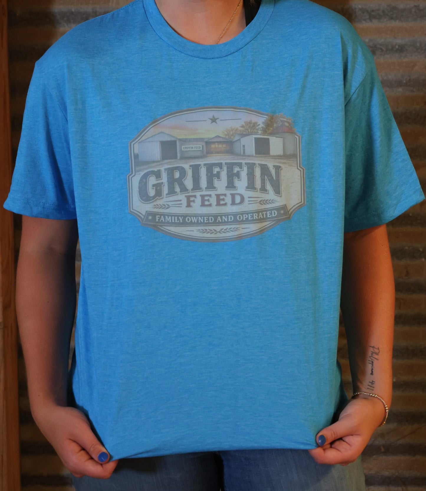 Griffin Feed half tone or full tone Original Barns logo t-shirt.