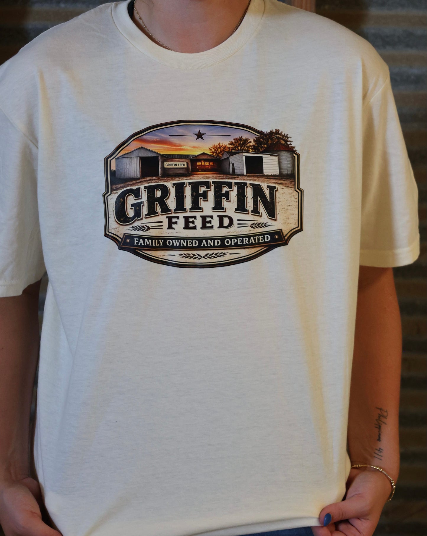 Griffin Feed half tone or full tone Original Barns logo t-shirt.