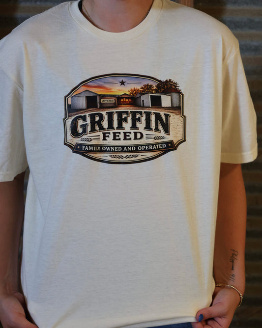 Griffin Feed half tone or full tone Original Barns logo t-shirt.