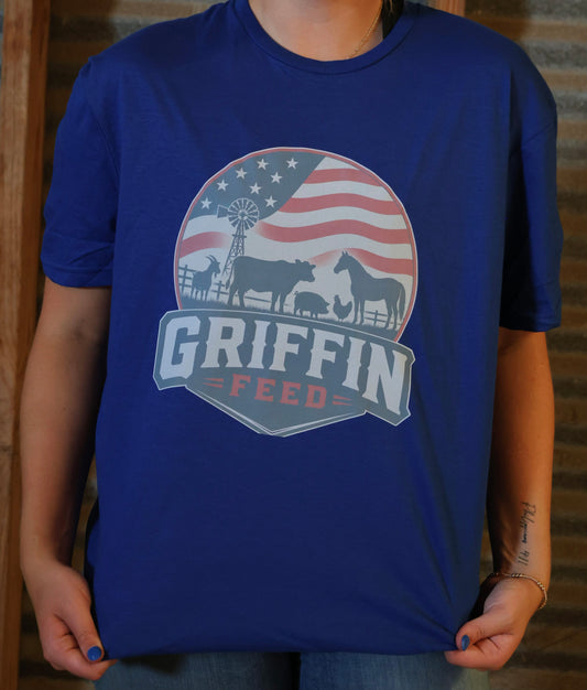 Griffin Feed half tone or full tone Red, White and Blue logo t-shirt.