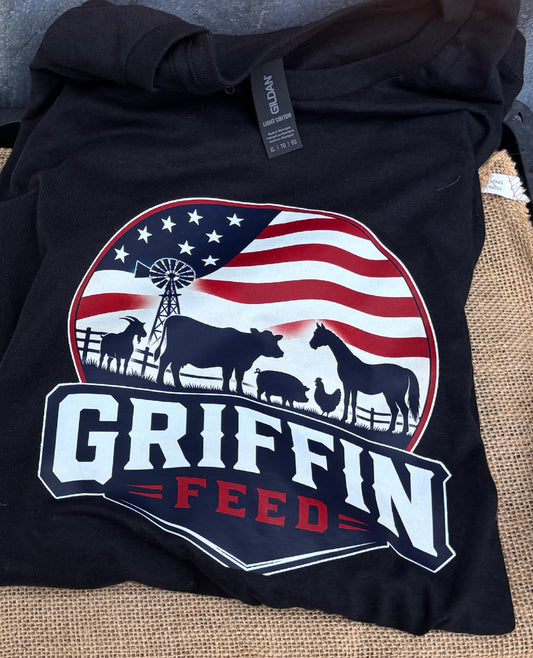 Griffin Feed half tone or full tone Red, White and Blue logo t-shirt.